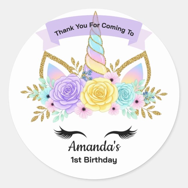 Unicorn 1st Birthday Party Favor Sticker (Vorderseite)