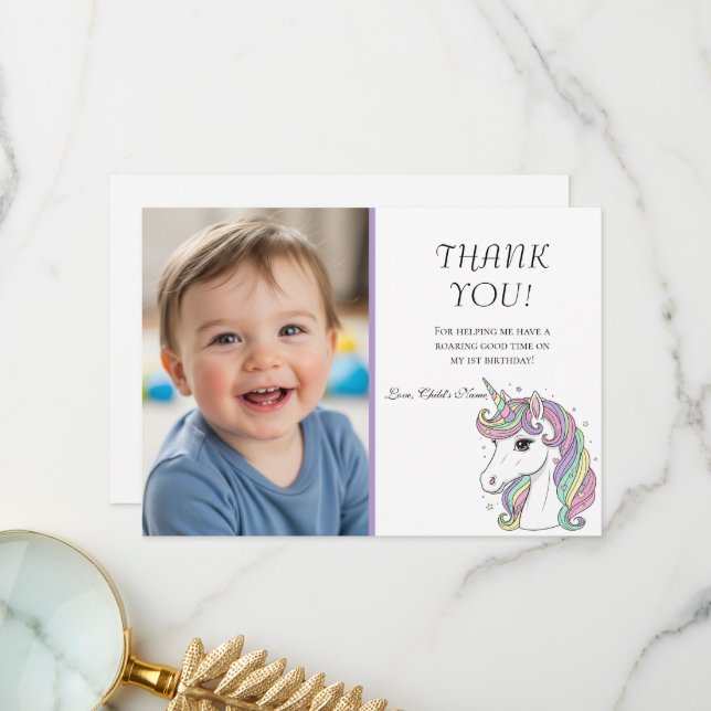Unicorn 1st Birthday Photo Thank You Card Dankeskarte (Vorderseite/Rückseite Beispiel)
