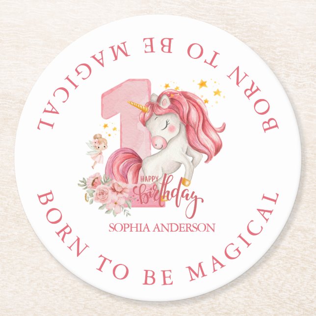 Unicorn 1st Birthday Pink Little Girl  Runder Pappuntersetzer (Vorderseite)