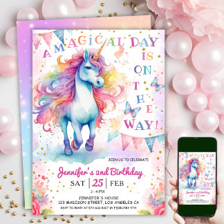 Unicorn 2. Geburtstag Fairy Floral Rainbow & Stars Einladung