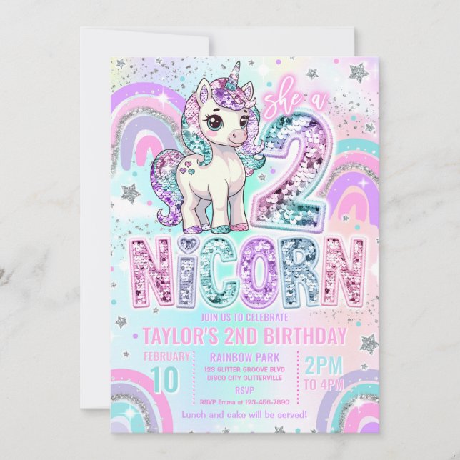 Unicorn 2nd Birthday Two-nicorn Rainbow Glitter Einladung (Vorderseite)