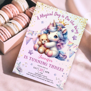 Unicorn 3. Geburtstag Einladung Girl Pink Gold Nie