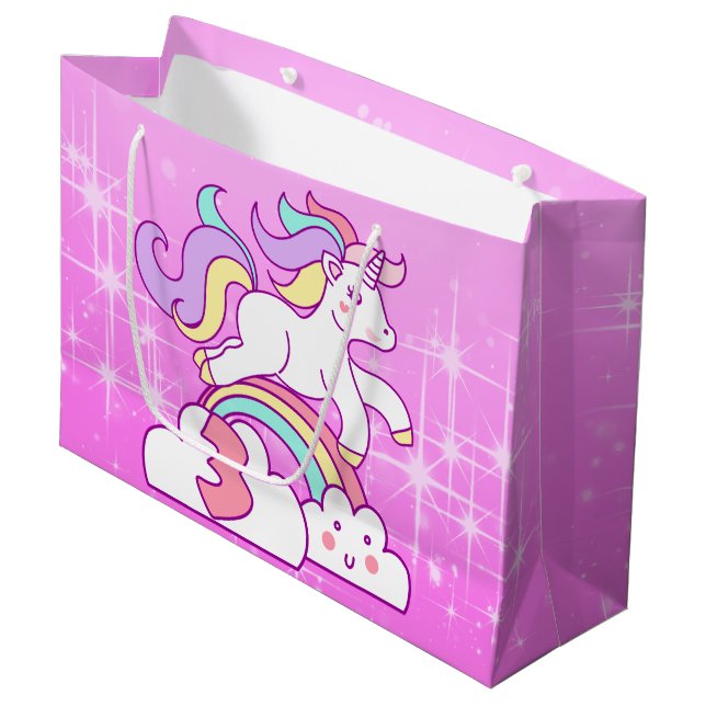 Unicorn 3. Geburtstag Große Geschenktüte (Vorderseite Schrägansicht)