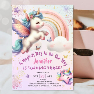 Unicorn 3. Geburtstagskarte Lila Pink Rainbow Invi Einladung