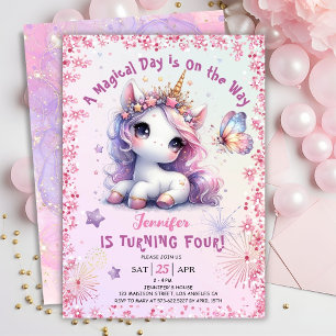Unicorn 4. Geburtstag Party Girl Pink Lila Einladung