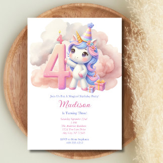 Unicorn 4. Vierter Rosa Lila Mädchen Geburtstag Einladung