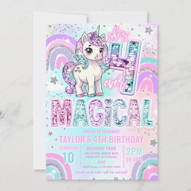 Unicorn 4th Birthday Four Ever Magical Rainbow  Einladung (Vorderseite)
