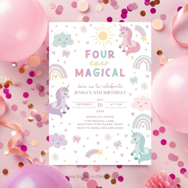 Unicorn 4th Birthday Invitation. Editable Rainbow  Einladung (Unicorn 4th Birthday Invitation)