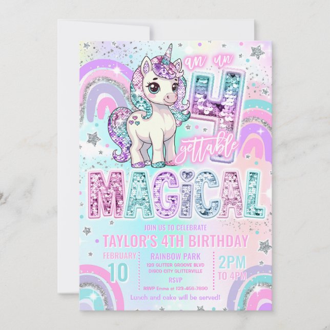 Unicorn 4th Birthday Un-fourgettable Magical Einladung (Vorderseite)