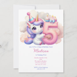 Unicorn 5. Fünfter Pink Lila Mädchen Geburtstag Einladung