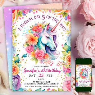 Unicorn 5. Geburtstag Blumenarmband und Sterne Einladung