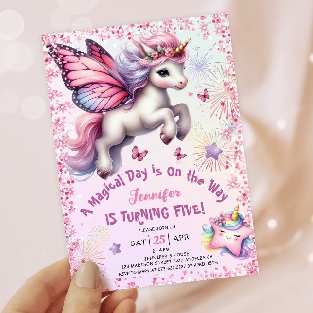Unicorn 5th Birthday Girl Pink Lila Glitzer Einladung (#UnicornBirthdayInvitation #UnicornBirthdayInvitationTemplate #UnicornBirthdayInvitationEditable 
)