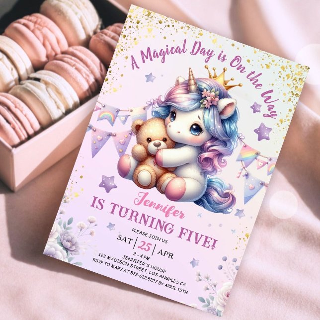 Unicorn 5th Birthday Invite Girl Pink Gold Niedlic Einladung (#UnicornBirthdayInvitation #UnicornBirthdayInvitationTemplate #UnicornBirthdayInvitationEditable 
)
