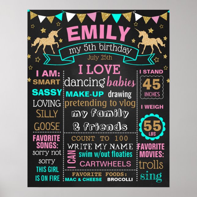 Unicorn 5th Birthday Party-Chalkboard-Zeichen Poster (Vorne)