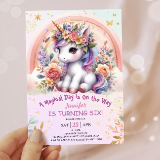 Unicorn 6. Geburtstag Girl Pink Floral Regenbogen Einladung