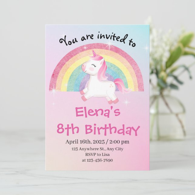 Unicorn 8. Geburtstag Einladung (Stehend Vorderseite)