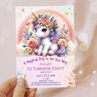 Unicorn 8. Geburtstag Girl Pink Floral Regenbogen Einladung