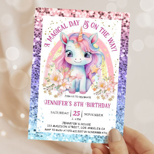 Unicorn 8. Geburtstag Gold Glitzer Bläsernbogen Einladung