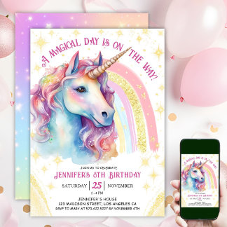 Unicorn 8. Geburtstag Gold Pink Magischer Regenbog Einladung