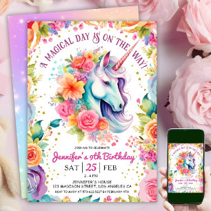 Unicorn 9. Geburtstag Blumenarmband und Sterne Einladung