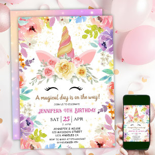 Unicorn 9. Geburtstag Farbenfrohe Blumenrinde Einladung