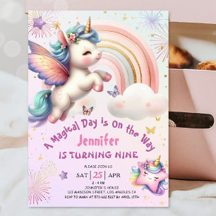 Unicorn 9. Geburtstagskarte Lila Pink Rainbow Einladung