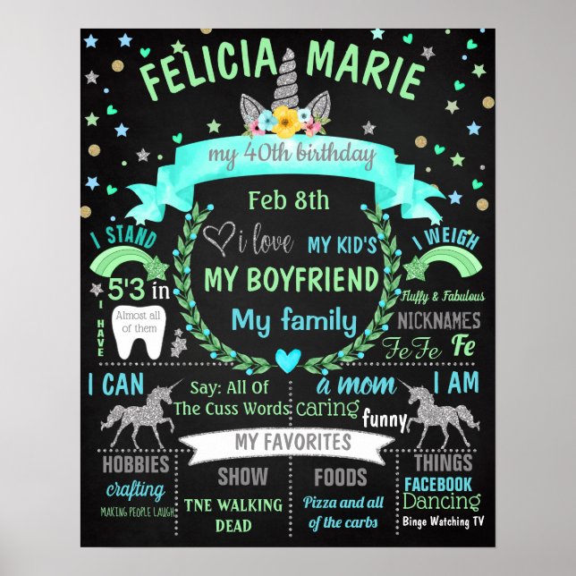 Unicorn Adult Birthday Chalkboard-Kuchen Schmutz Poster (Vorne)