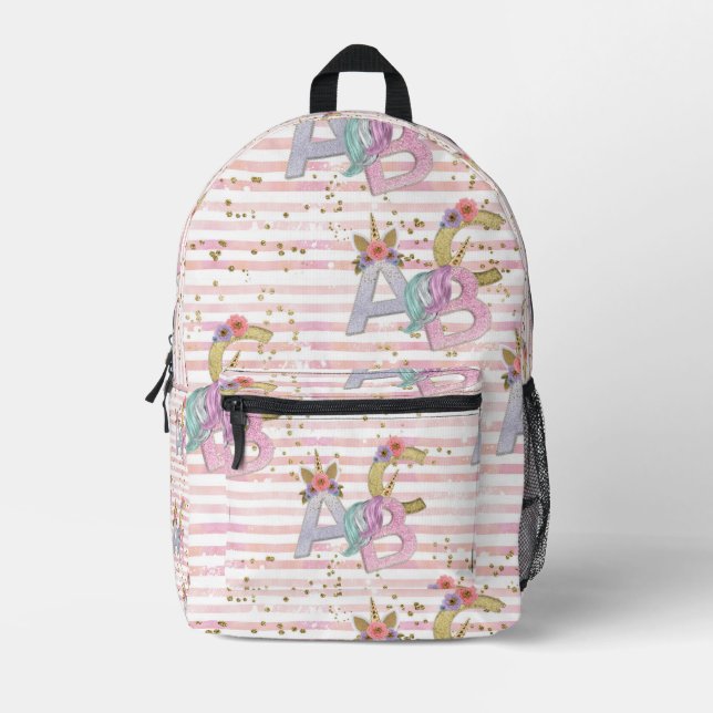 Unicorn Alphabet Muster Bedruckter Rucksack (Vorderseite)