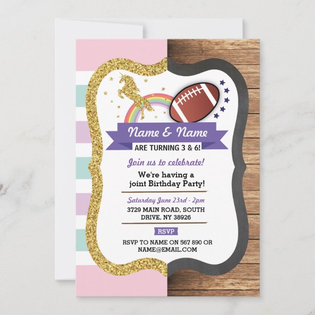 Unicorn & American Football Joint Birthday Sports Einladung (Vorderseite)