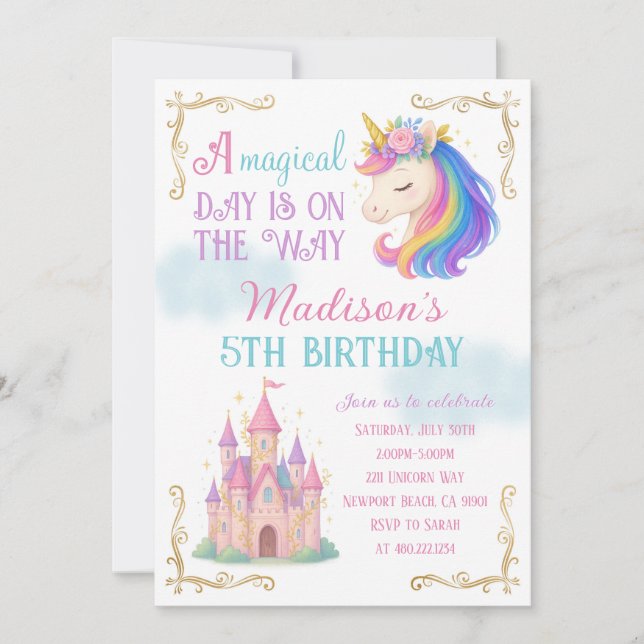 Unicorn and Castle Birthday Party Invitation Einladung (Vorderseite)