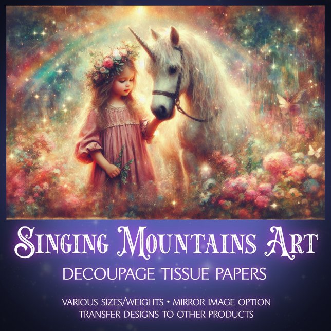 Unicorn and Child in Enchanted Woods Decoupage Seidenpapier (Von Creator hochgeladen)