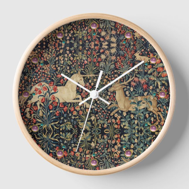 UNICORN AND DEER,FLOWERS,FOREST ANIMALS  Floral Uhr (Vorderseite)