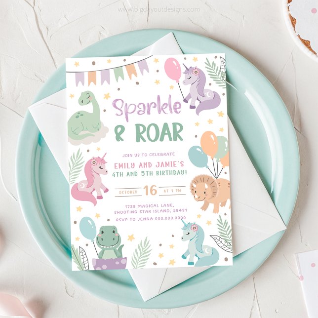 Unicorn and Dinosaur Invitations. Editable Digital Einladung (Unicorn and Dinosaur Sparkle and Roar - Joint Birthday Invitation)