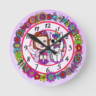 Unicorn and Fairy Whimsical Folk Art Girl's Runde Wanduhr