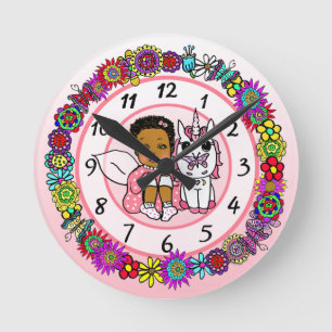 Unicorn and Fairy Whimsical Folk Art Girl's Runde Wanduhr