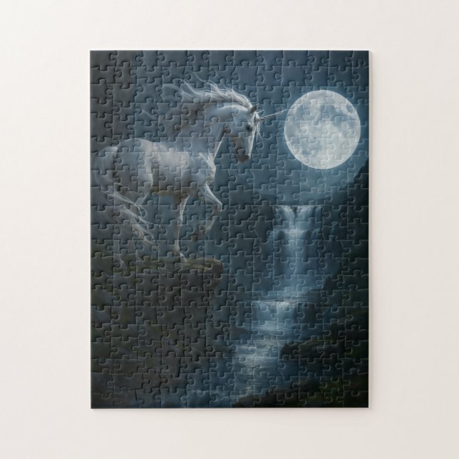 Unicorn and moonlit waterfall - stunning  puzzle (Vertikal)