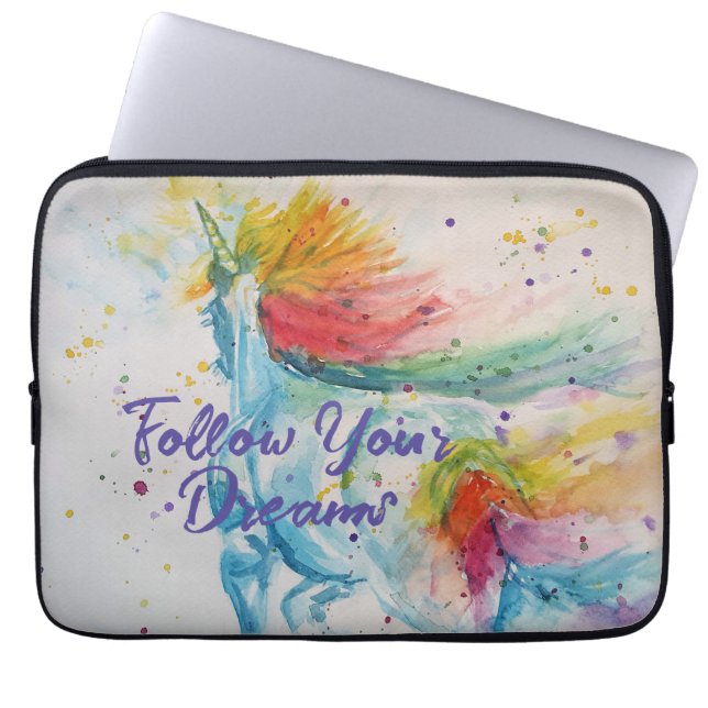 Unicorn Aquarellbogen Befolgen Sie Ihre Träume Laptopschutzhülle (Vorderseite)