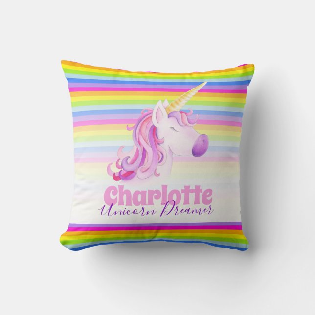 Unicorn Aquarellkunst Regenbogenstreifen Namenskis Kissen (Vorderseite)