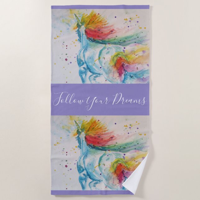 Unicorn Aquarellmalerei Dreams Beach Handtuch (Vorderseite)