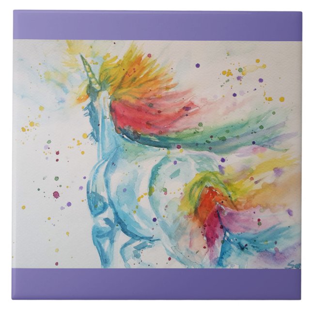 Unicorn Aquarellmalerei Unicorns Whimsical Fliese (Vorderseite)