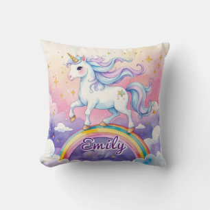Unicorn auf Regenbogen bearbeitbarer Namenskatze Kissen