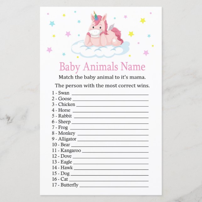 Unicorn Baby Animals Name Game (Vorderseite)