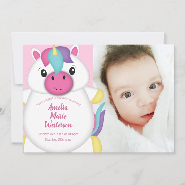 Unicorn Baby Birth Announcement Foto Einladung (Vorderseite)