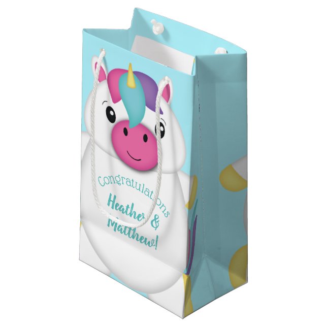 Unicorn Baby Dusche Aquamarin Kleine Geschenktüte (Vorderseite Schrägansicht)