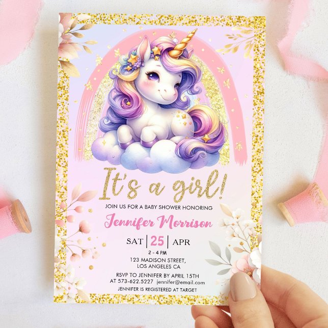 Unicorn Baby Dusche Es ist ein Girl Pink & Gold Einladung (Von Creator hochgeladen)