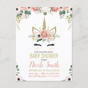 Unicorn Baby Dusche Pink Gold Floral Wasserfarbe Einladungspostkarte