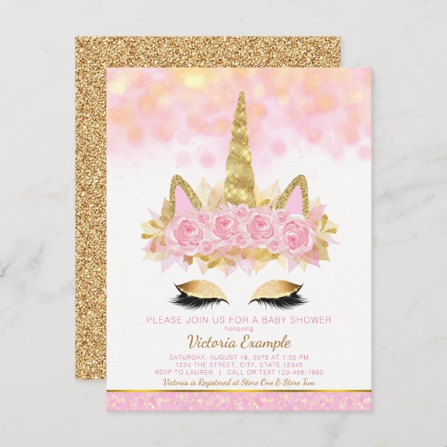 Unicorn Baby Dusche Rosa Gold Einhorn Gesicht Einladung (Vorne/Hinten)