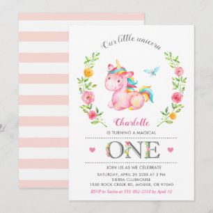 Unicorn Baby Girl Floral 1. Geburtstagsparty Einladung