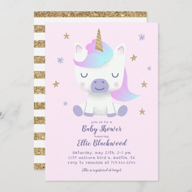 Unicorn Baby Shower Einladung (Vorne/Hinten)