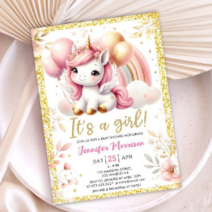Unicorn Baby Shower Girl Pink Gold Ballon Einladung